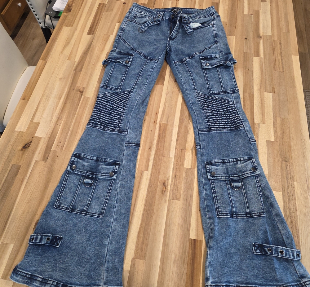 Hot Topic Blue Washed Flare Cargo Jeans